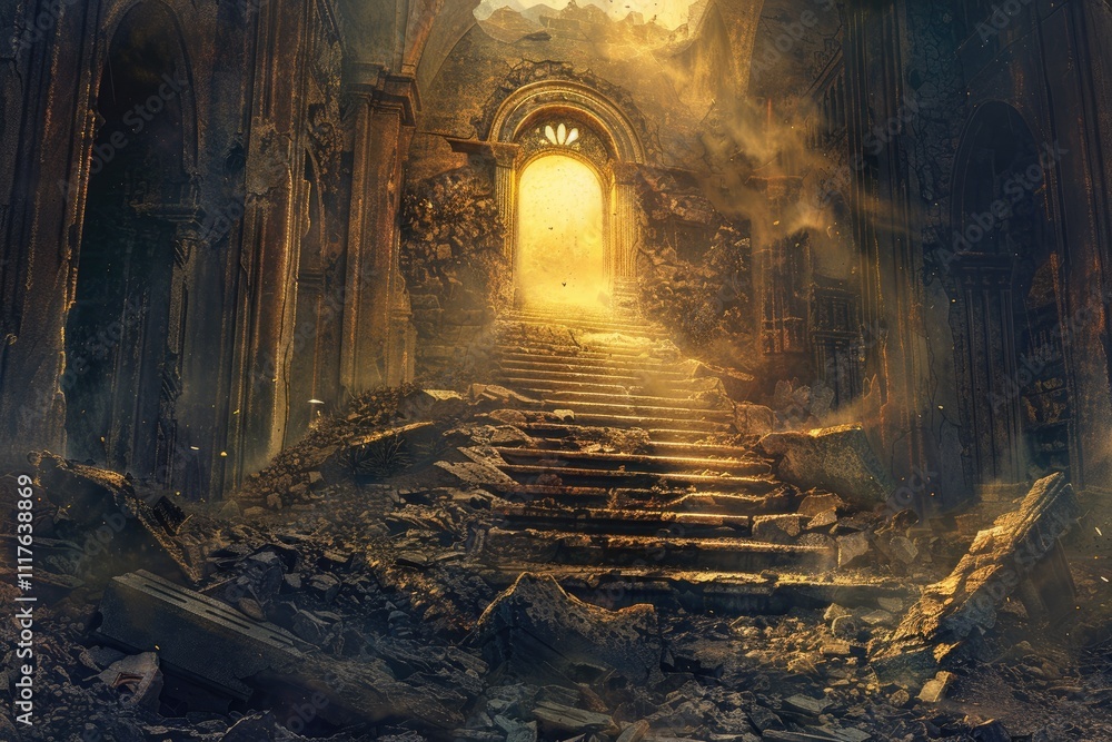 Naklejka premium Golden Light Illuminates Ruined Staircase Ancient Temple