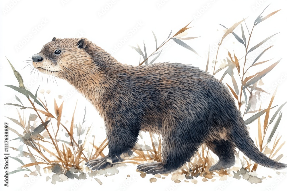 A detailed illustration of a mammal in a natural setting with plants. A detailed illustration of a mammal in a natural setting with plants.