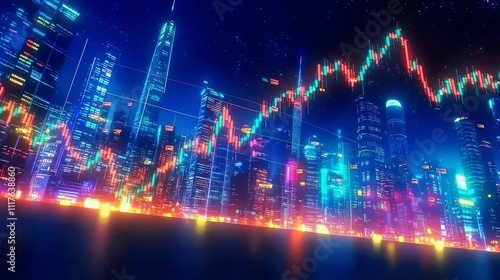 Futuristic neon cityscape fills the night. Vibrant finance market shines through colorful trading graph. Economy trends show digital growth. Perfect background for economic analysis.