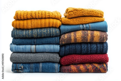 Two stacks of folded autumn or winter clothes including sweaters and jeans are laying on a white background, showing warm colors like yellow, orange, red, brown, blue and gray photo