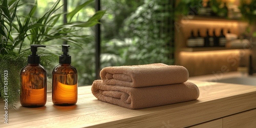 Neatly folded towels and matching amber soap dispensers on a light wood bathroom counter with a lush green view and softly lit shelving unit in the background photo