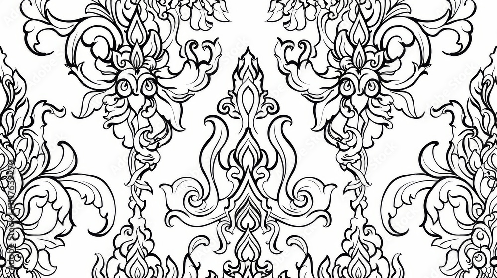 Fototapeta premium Thai Motifs with Rhythmic Repetition in Black and White