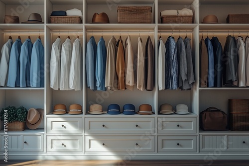 Contemporary minimalist walk-in wardrobe showcasing well-organized shirts, jackets, and hats, bathed in natural light, creating a calm and tidy ambiance for fashion enthusiasts photo