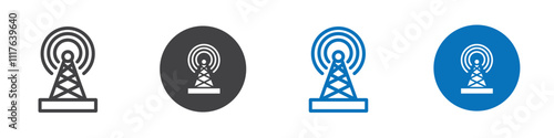 Set of four antenna icons in multiple editable styles with radiation