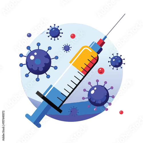 Vaccination illustration featuring a syringe and viruses