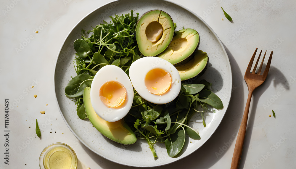 Overhead view of a boiled egg on a textured ceramic plate with avocado slices and leafy greens drizzled with olive oil Overhead view of a boiled egg on a textured ceramic plate with avocado slices and leafy greens drizzled with olive oil