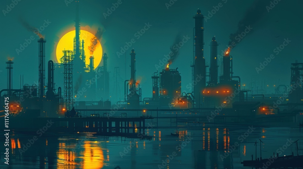 Night industrial cityscape by water, large moon. Night industrial cityscape by water, large moon.