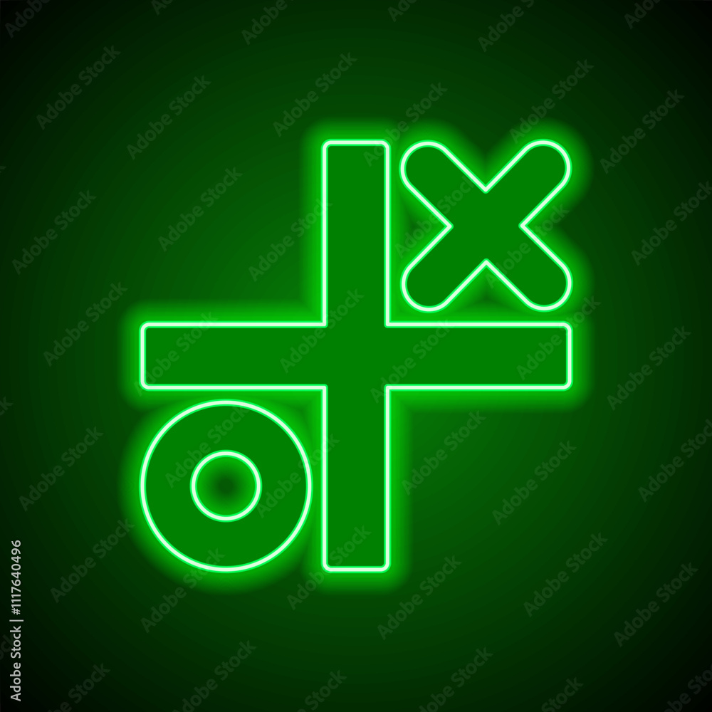 Obraz premium Tic tac toe simple icon vector. Flat design. Green neon on black background with green light