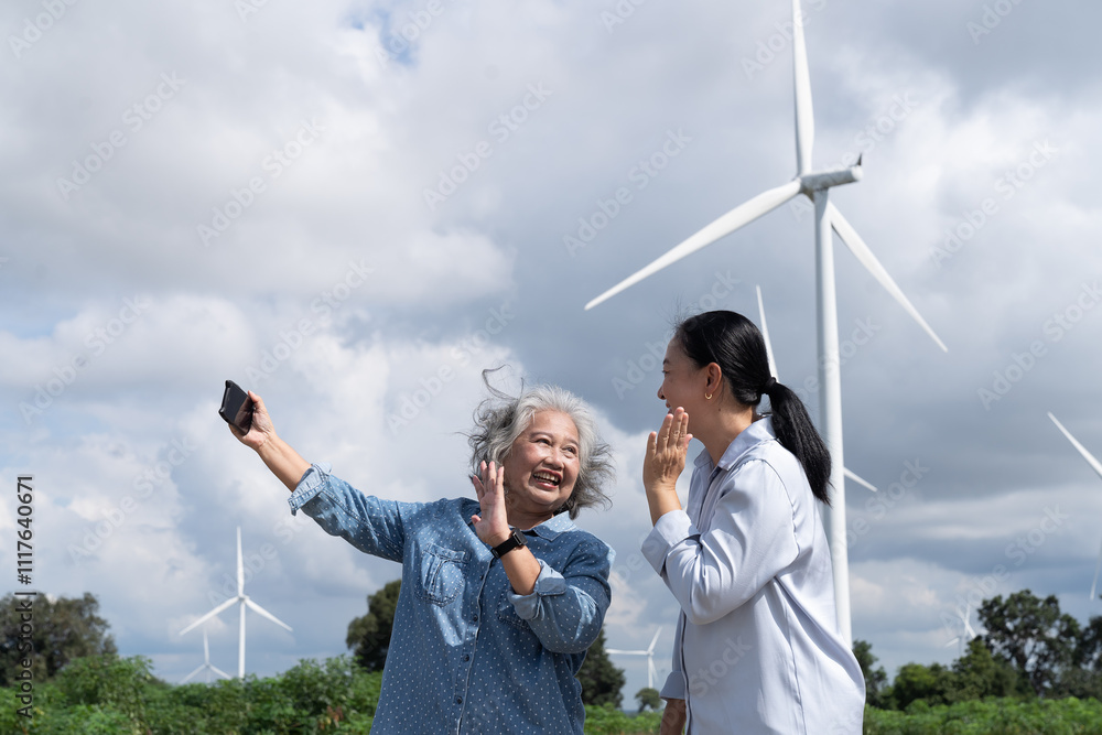 Two Asian elderly women take selfie by smartphone at wind turbines farm station. Retired Asian women spending time together on holiday travel at windmill field farm Two Asian elderly women take selfie by smartphone at wind turbines farm station. Retired Asian women spending time together on holiday travel at windmill field farm