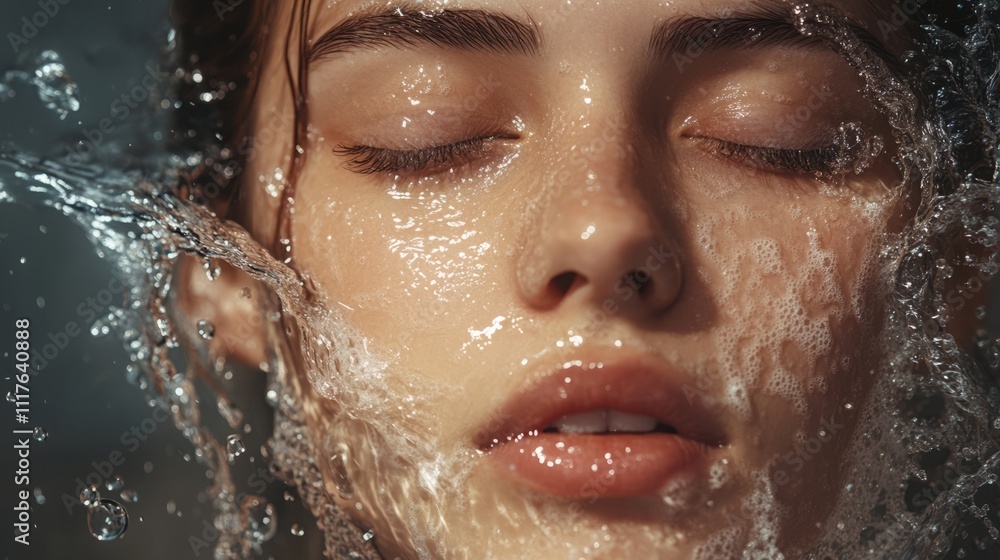 Close-up of a young woman with clean skin washing her face, splashes of water, skincare, beauty, and cosmetology. Close-up of a young woman with clean skin washing her face, splashes of water, skincare, beauty, and cosmetology.