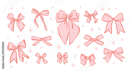 Set of hand drawn pink bows in coquette aesthetic, doodle bow knots ang gift bows for decoration valentine gift