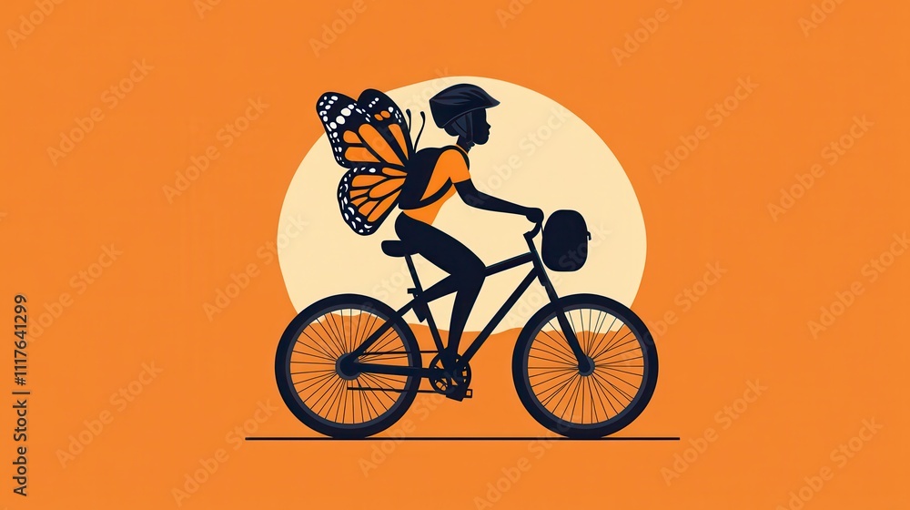 Fototapeta premium Whimsical cyclist with butterfly wings against sunset