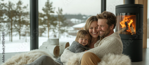 family hug in a modern living room, sitting on a sheepskin, background modern stove with fire