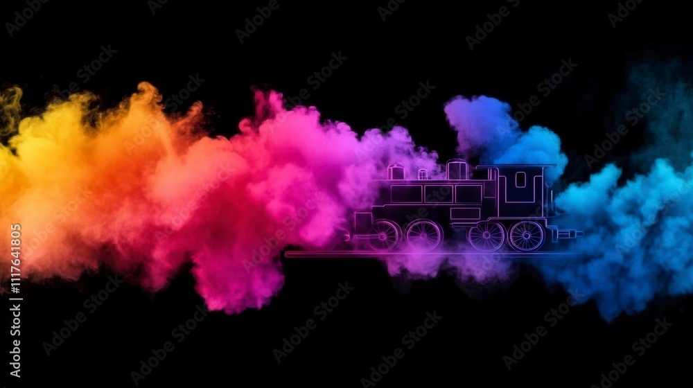 Fototapeta premium Colorful steam train emerging from vibrant smoke clouds