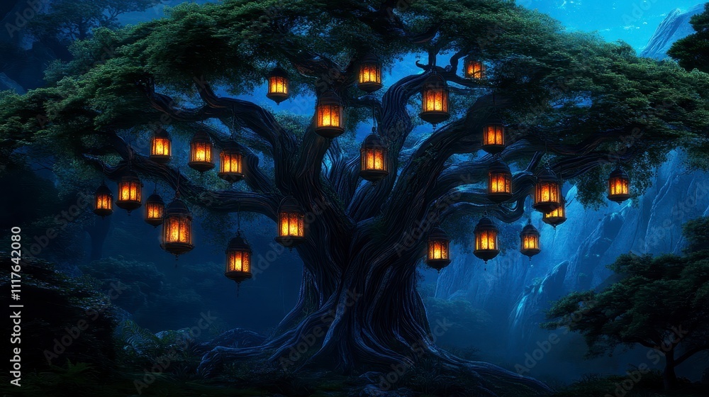 Enchanted tree adorned with glowing lanterns in twilight Enchanted tree adorned with glowing lanterns in twilight