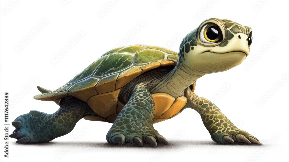 Obraz premium Playful Cartoon Turtle with Large Eyes Crawling on White Background in a Fun and Whimsical Style