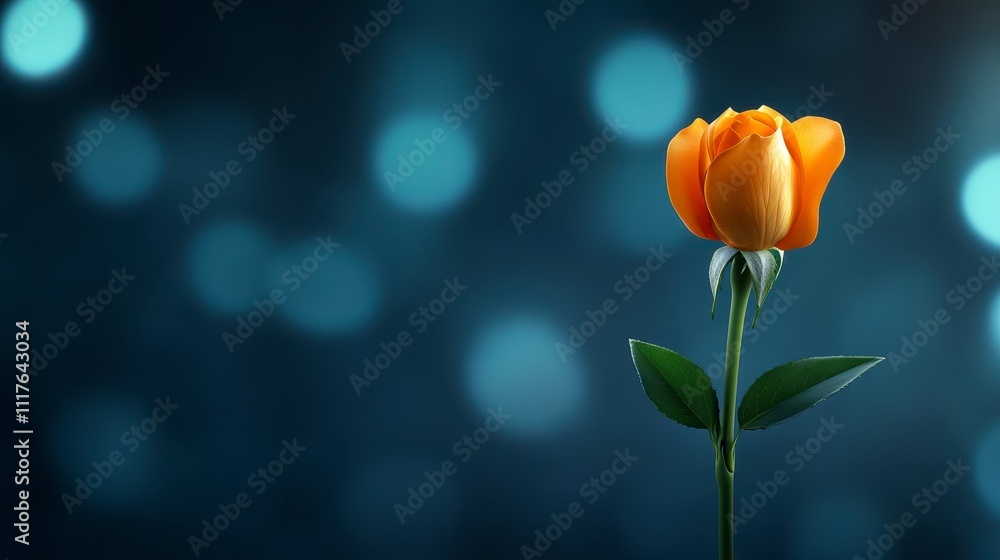 Fototapeta premium Stunning orange rose with blurred blue bokeh background