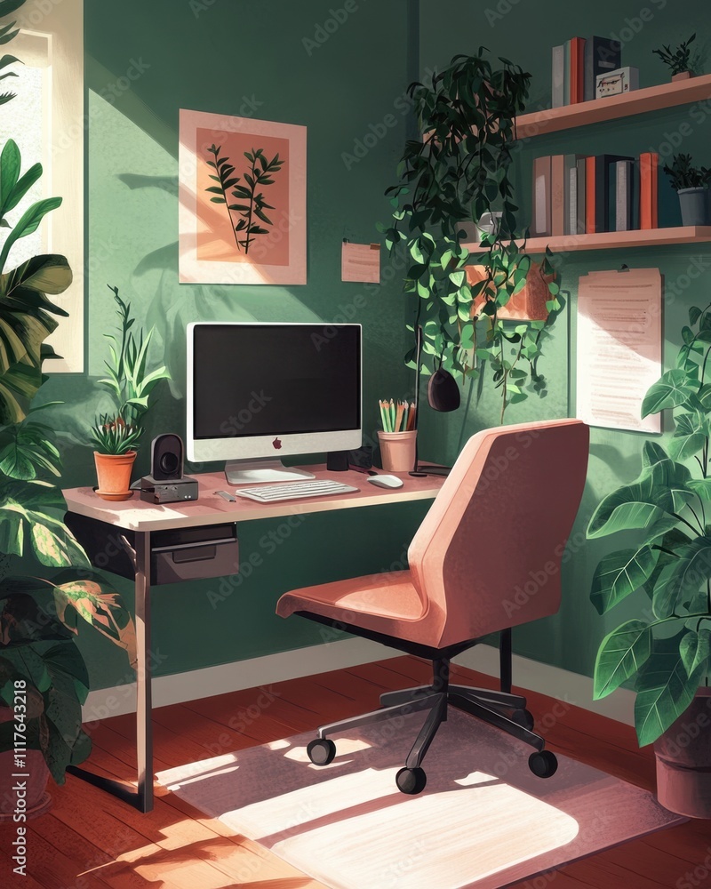 Fototapeta premium Cozy workspace with plants, computer, and organized shelves.