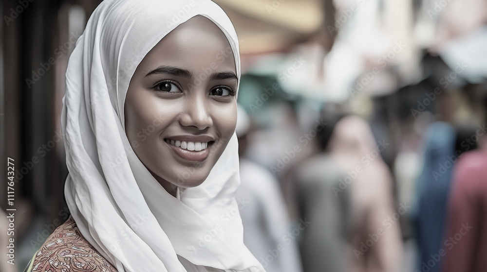 Happy Muslim woman in a hijab strolling through a bustling outdoor market, blending the charm of cultural traditions, gender equality, and the vibrance of community heritage Happy Muslim woman in a hijab strolling through a bustling outdoor market, blending the charm of cultural traditions, gender equality, and the vibrance of community heritage
