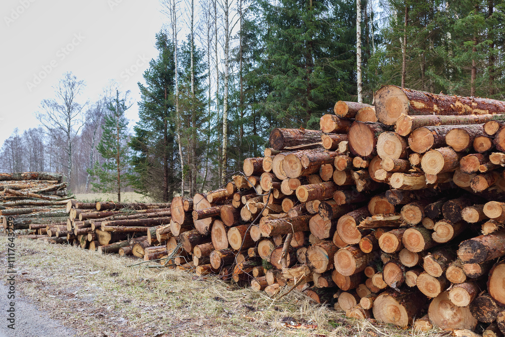 A forest with sawn and stacked pine trees in a pile
A forest with sawn and stacked pine trees in a pile
