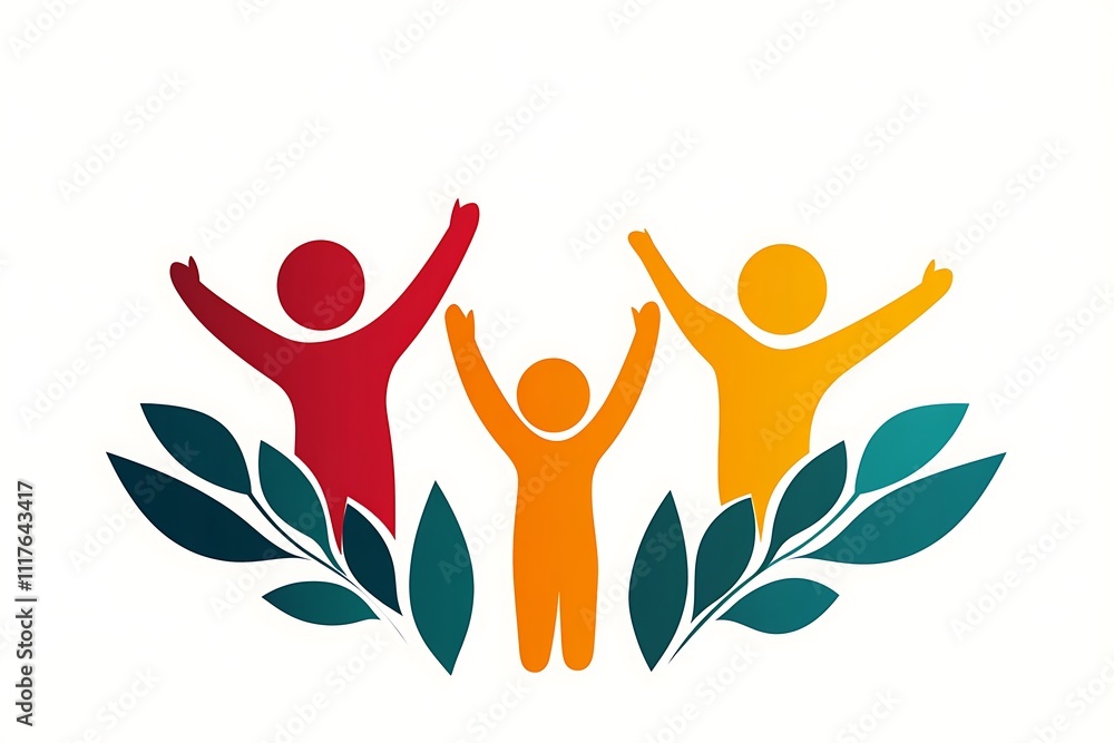 Iconic logo featuring three joyful persons celebrating together with raised arms, Adoption and community care Logo Iconic logo featuring three joyful persons celebrating together with raised arms, Adoption and community care Logo