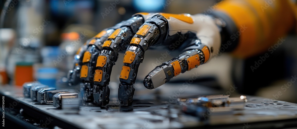 A robotic hand reaches out to manipulate a panel of controls, showing intricate detail in the metallic and plastic joints. A robotic hand reaches out to manipulate a panel of controls, showing intricate detail in the metallic and plastic joints.