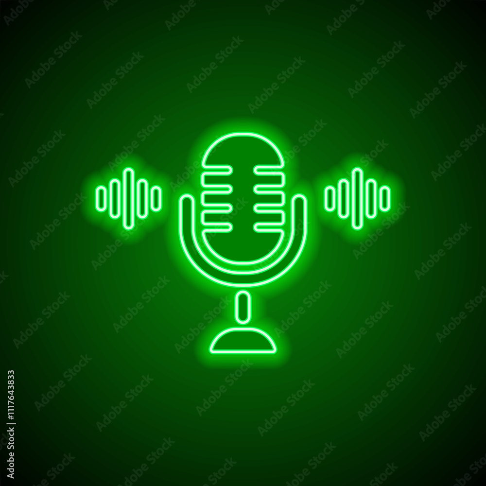 Microphone vector simple icon. Flat design. Green neon on black background with green light Microphone vector simple icon. Flat design. Green neon on black background with green light