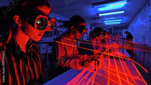 Students conducting experiments with lasers in a laboratory setting.