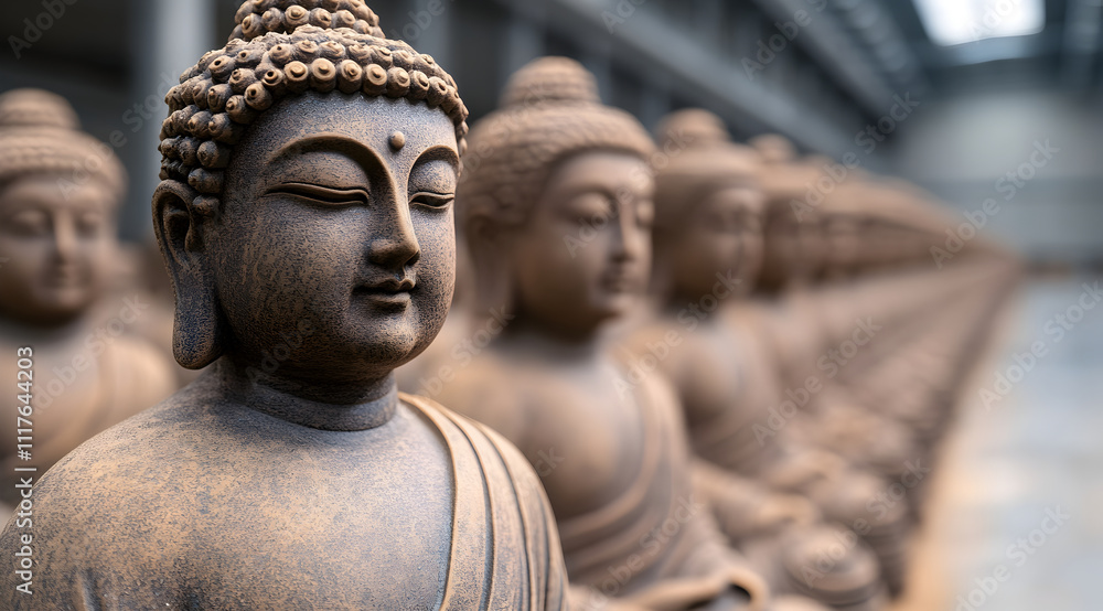 A serene row of Buddha statues symbolizes peace, meditation, and spirituality in a tranquil setting, showcasing intricately carved details. A serene row of Buddha statues symbolizes peace, meditation, and spirituality in a tranquil setting, showcasing intricately carved details.