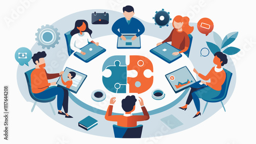 Overhead view employees at roundtable meeting, sharing project updates, has central puzzle piece design, symbolizing teamwork and collaboration, participants are engaged, using laptops documents. 