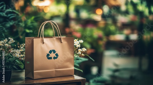 Eco-Friendly Paper Bag with Recycle Symbol Against a Natural Green Background in a Floral Setting, Representing Sustainable Living and Nature Conservation Efforts photo