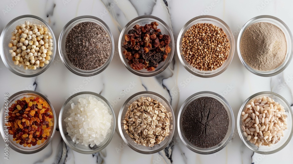 Overhead shot of various grains and seeds in glass bowls on marble background. Overhead shot of various grains and seeds in glass bowls on marble background.