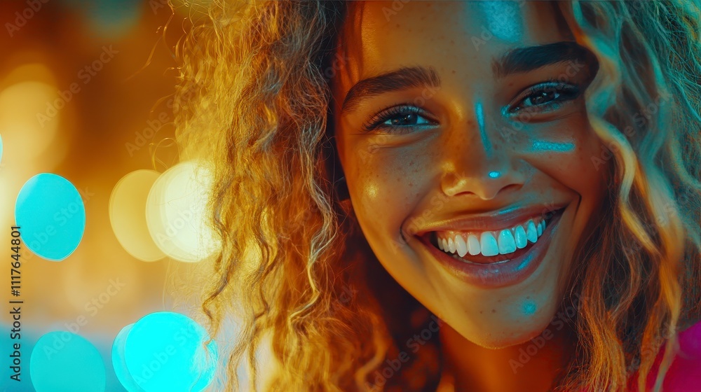 Joyful woman smiling with vibrant bokeh background Joyful woman smiling with vibrant bokeh background