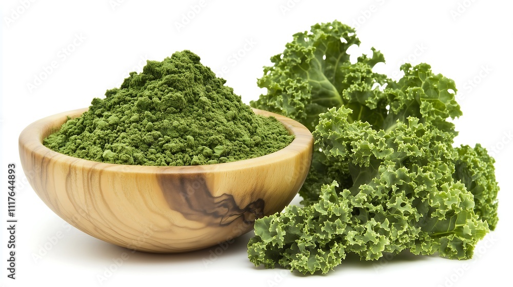 Kale green powder wooden bowl fresh kale aside, white background, superfood ingredient Kale green powder wooden bowl fresh kale aside, white background, superfood ingredient