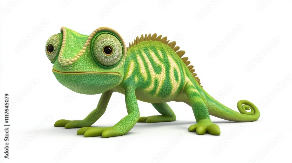 Obraz premium Colorful Cartoon Chameleon with Bright Green Skin and Intricate Patterns on White Background