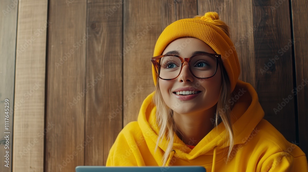 Cheerful girl in yellow hoodie and glasses smiling indoors Cheerful girl in yellow hoodie and glasses smiling indoors