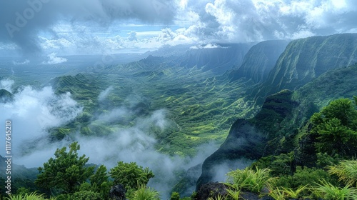 Panoramic view of a lush green valley shrouded in mist and clouds, with dramatic cliffs and mountains in the background.