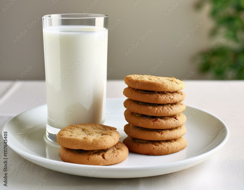 Glass of milk paired with stacked cookies on a white plate, set on a clean table with copy space, perfect for healthy snack visuals Glass of milk paired with stacked cookies on a white plate, set on a clean table with copy space, perfect for healthy snack visuals