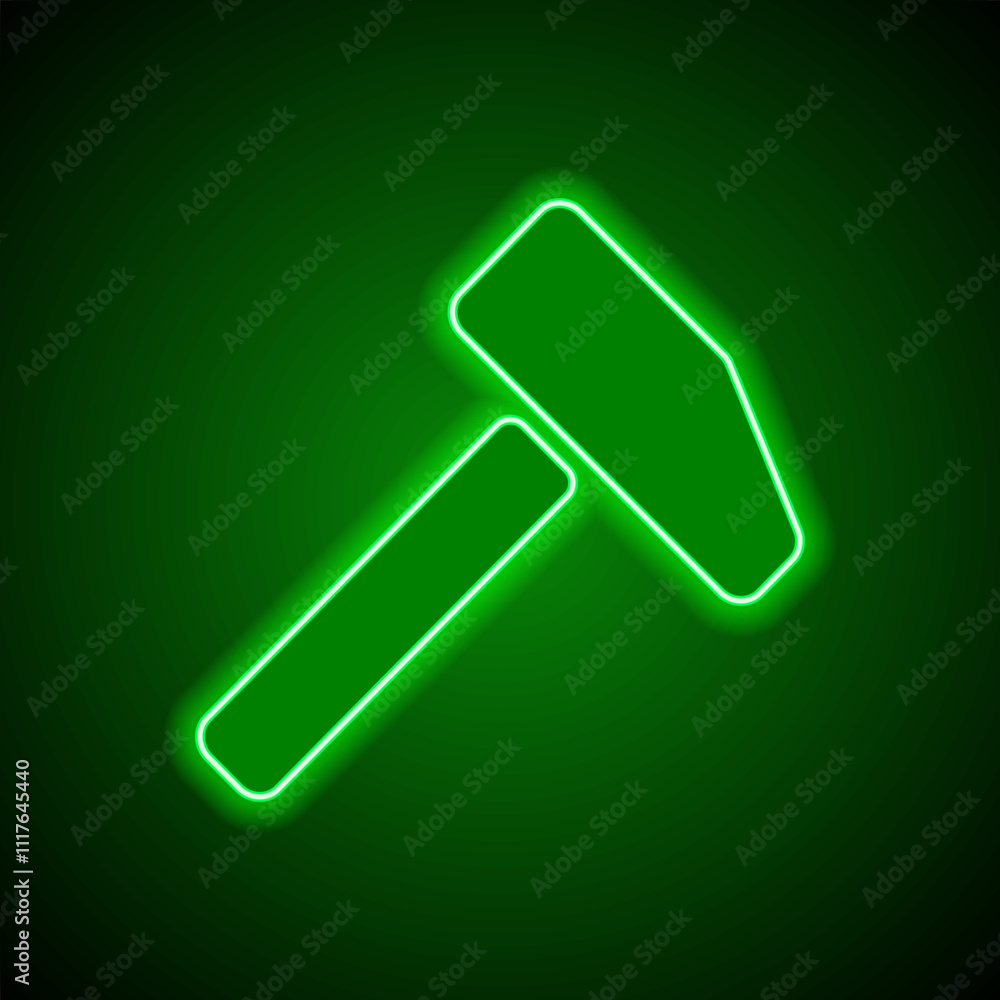 Hammer simple icon, vector. Flat design. Green neon on black background with green light Hammer simple icon, vector. Flat design. Green neon on black background with green light