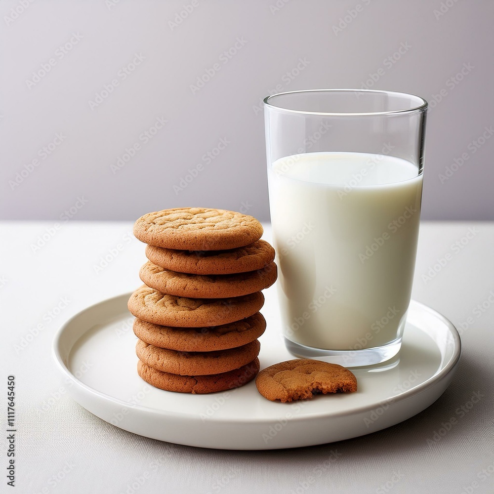 Glass of milk paired with stacked cookies on a white plate, set on a clean table with copy space, perfect for healthy snack visuals Glass of milk paired with stacked cookies on a white plate, set on a clean table with copy space, perfect for healthy snack visuals