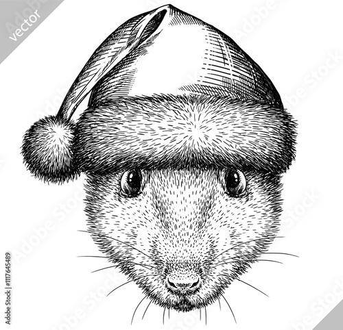 Vintage engraving isolated mouse set dressed christmas illustration mice ink santa costume sketch. Rat background rodent silhouette gnawer hamster new year hat art. Hand drawn vector image