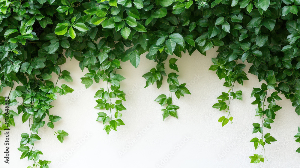 Lush green ivy vines cascade gracefully down a white wall, creating a serene and natural atmosphere with vibrant foliage.