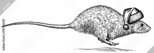 Vintage engraving isolated mouse set dressed christmas illustration mice ink santa costume sketch. Rat background rodent silhouette gnawer hamster new year hat art. Hand drawn vector image