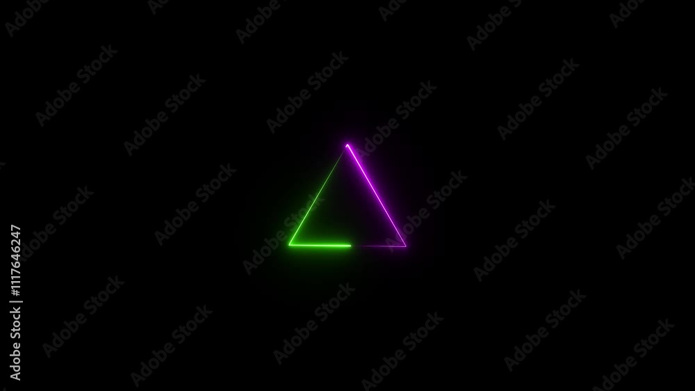 Abstract glowing neon colorful triangle sign icon animation on black background. Abstract glowing neon colorful triangle sign icon animation on black background.