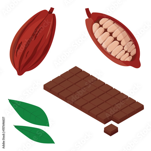 Cocoa pod with leafs, half sliced cacao pod with cacao beans inside