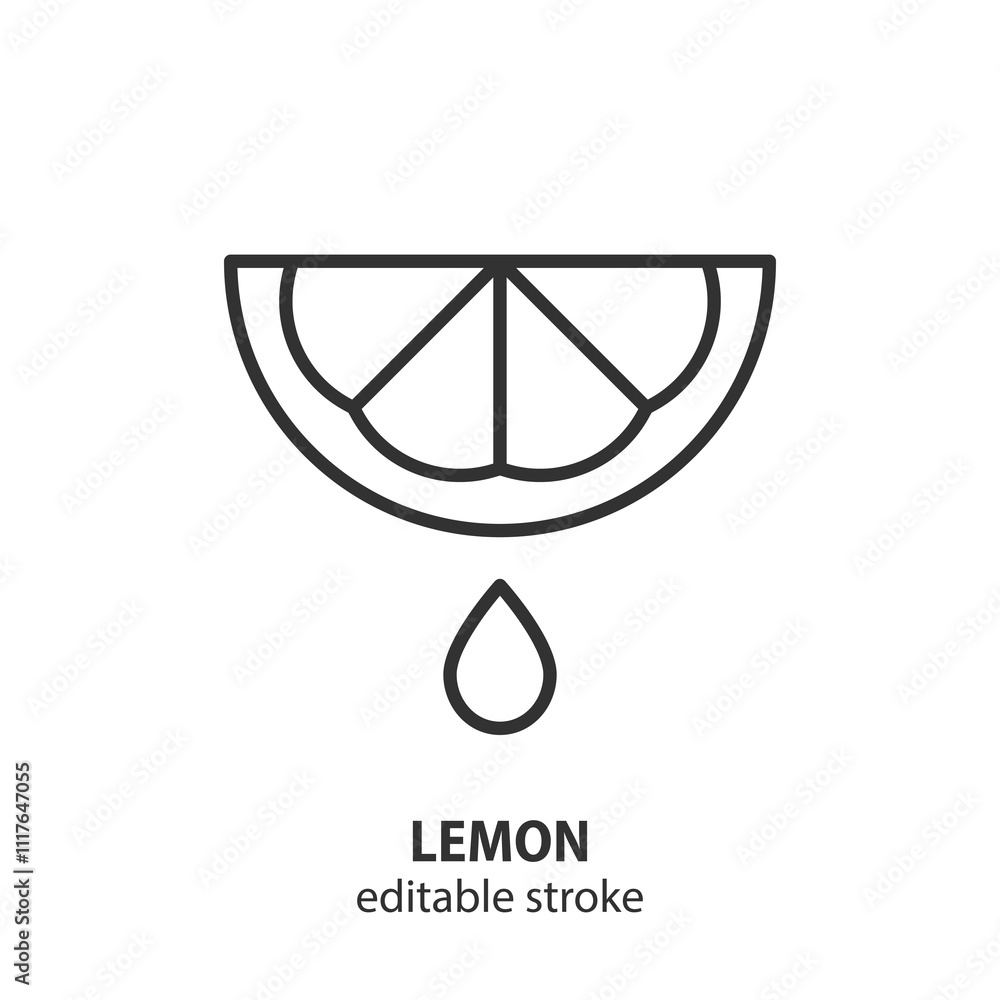 Lemon with drop line icon. Citrus fruit symbol. Editable stroke. Vector illustration.