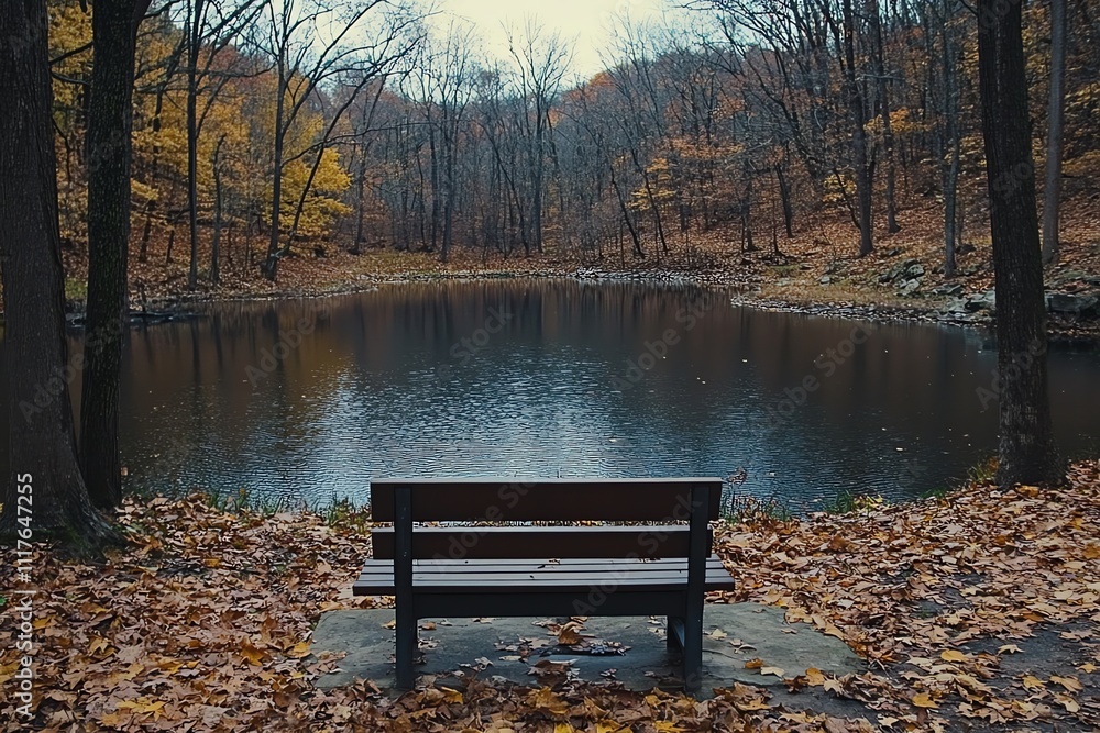 A serene bench by a calm pond surrounded by autumn foliage and bare trees. A serene bench by a calm pond surrounded by autumn foliage and bare trees.
