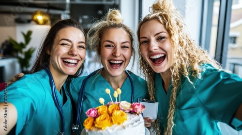 Joyful Group of Three Young Medical Professionals Celebrating with a Cake in a Bright and Cheerful Hospital Environment Featuring Colorful Flowers and Scrubs