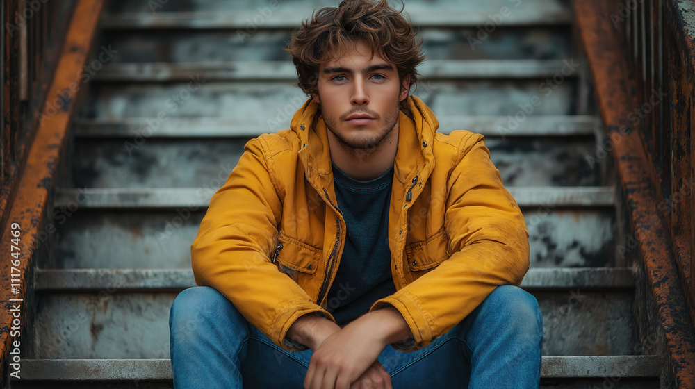 Young caucasian male sitting on stairs wearing a yellow jacket and blue jeans outdoors Young caucasian male sitting on stairs wearing a yellow jacket and blue jeans outdoors
