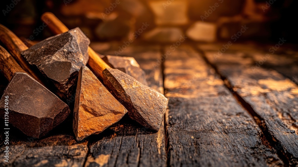 Close-up of ancient stone tools, sharp flint knives, and polished axes on a weathered wooden surface, symbolizing prehistoric craftsmanship and the dawn of human ingenuity Close-up of ancient stone tools, sharp flint knives, and polished axes on a weathered wooden surface, symbolizing prehistoric craftsmanship and the dawn of human ingenuity